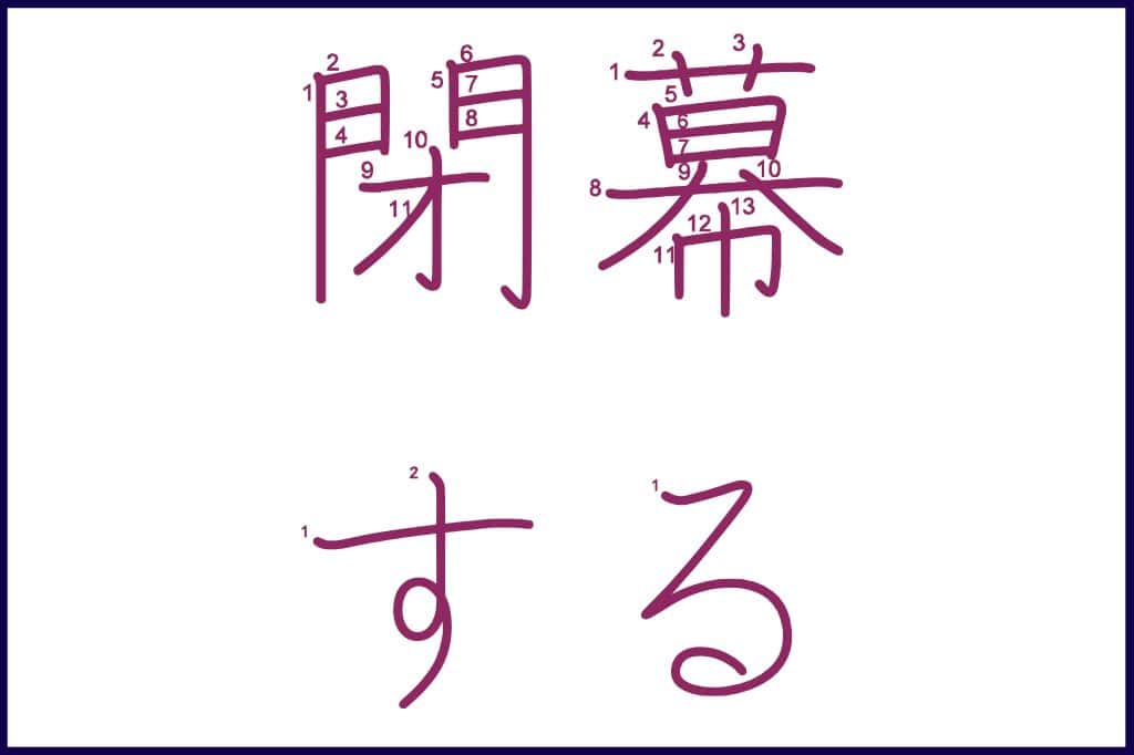 閉幕する (へいまく する, heimaku suru) - How to Use and Write the word in Japanese (Hiragana & Kanji Stroke Order)