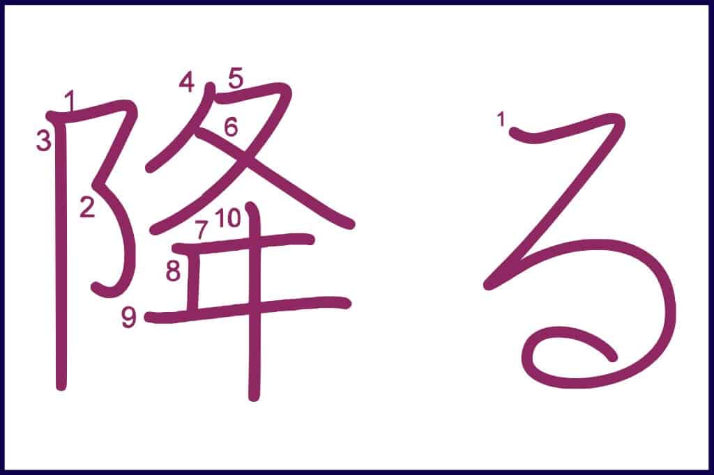 降る (ふる, furu) - How to Use and Write the word in Japanese (Hiragana & Kanji Stroke Order)