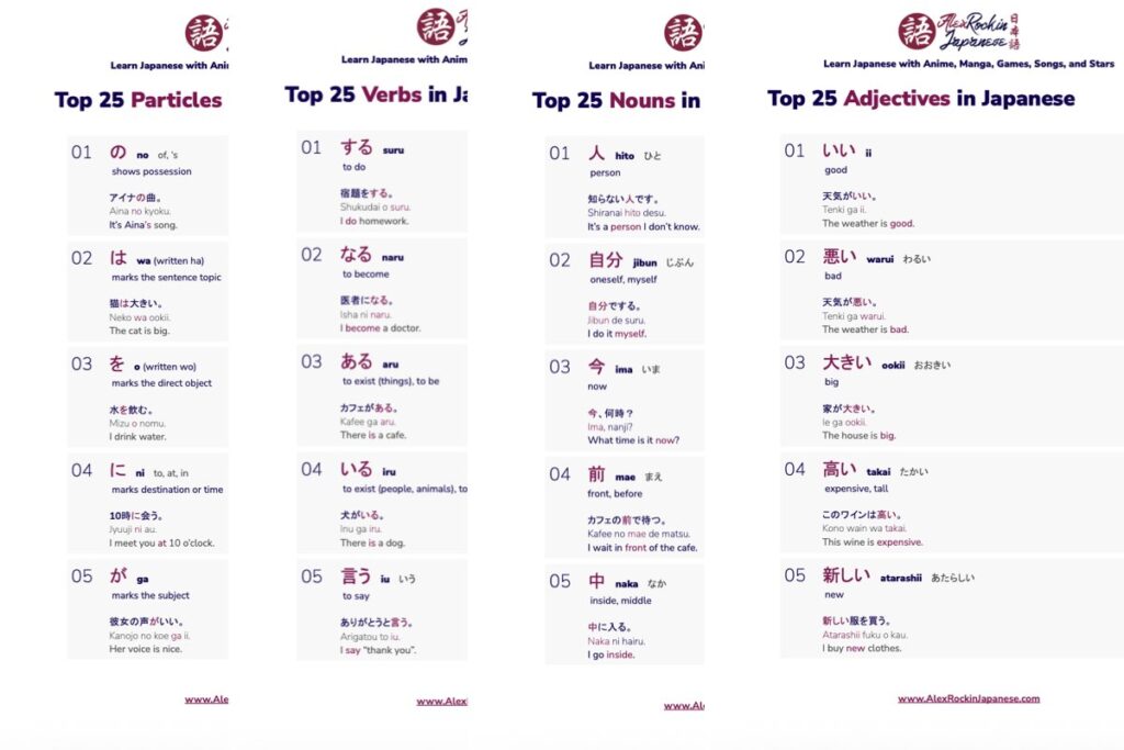 Learn 100 Most Common Japanese Words for Free, Example Pages for Top 25 Particles, Verbs, Nouns & Adjectives